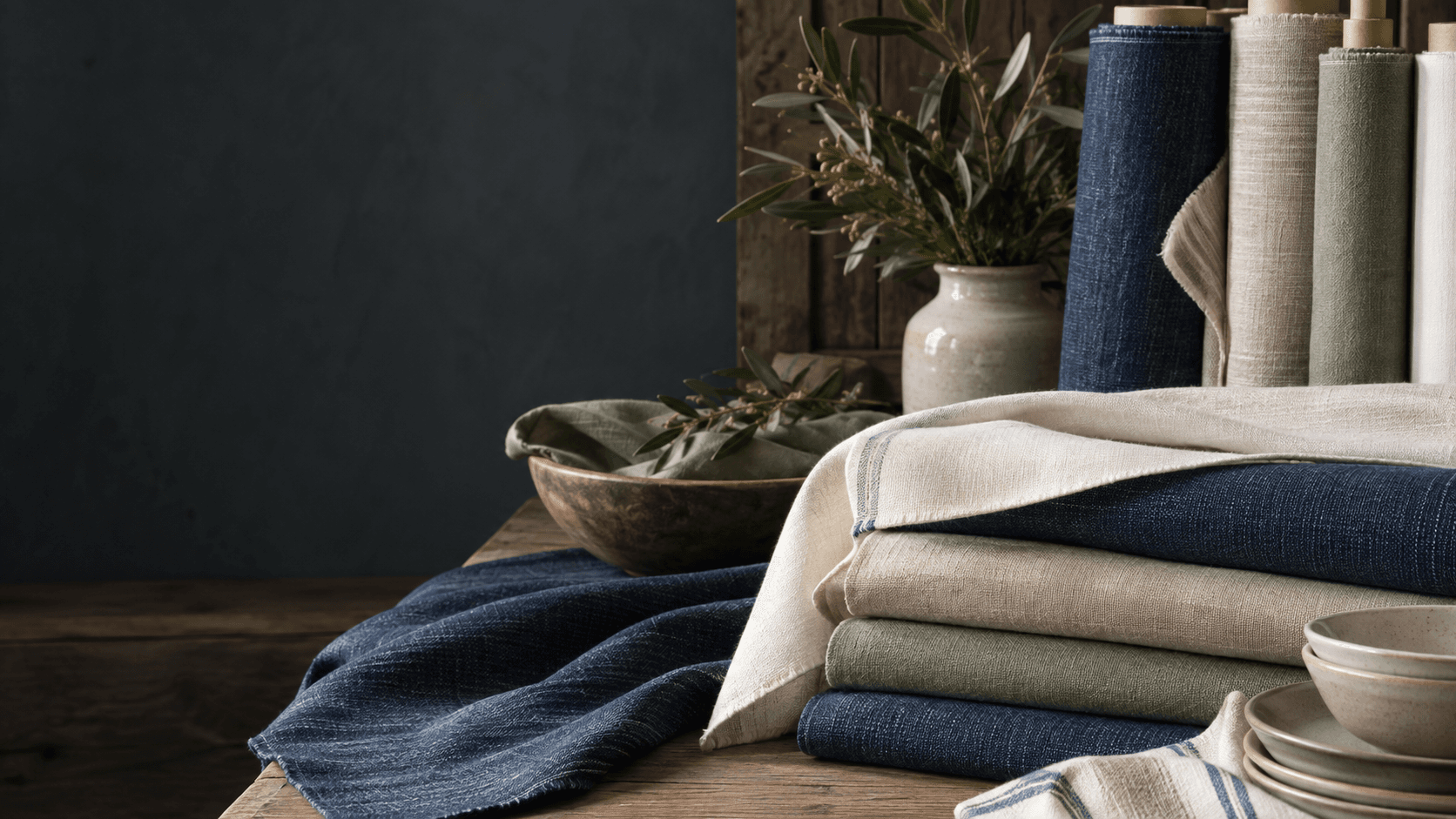 Layered cotton, denim and linen fabric samples