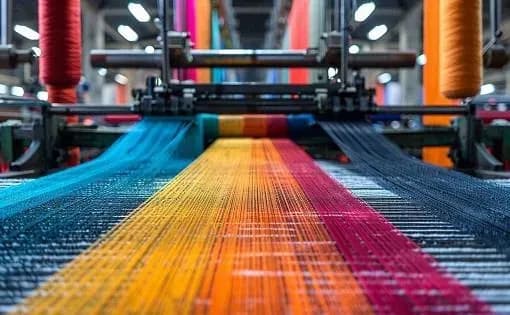 Dyed yarns in bands of colour on a loom