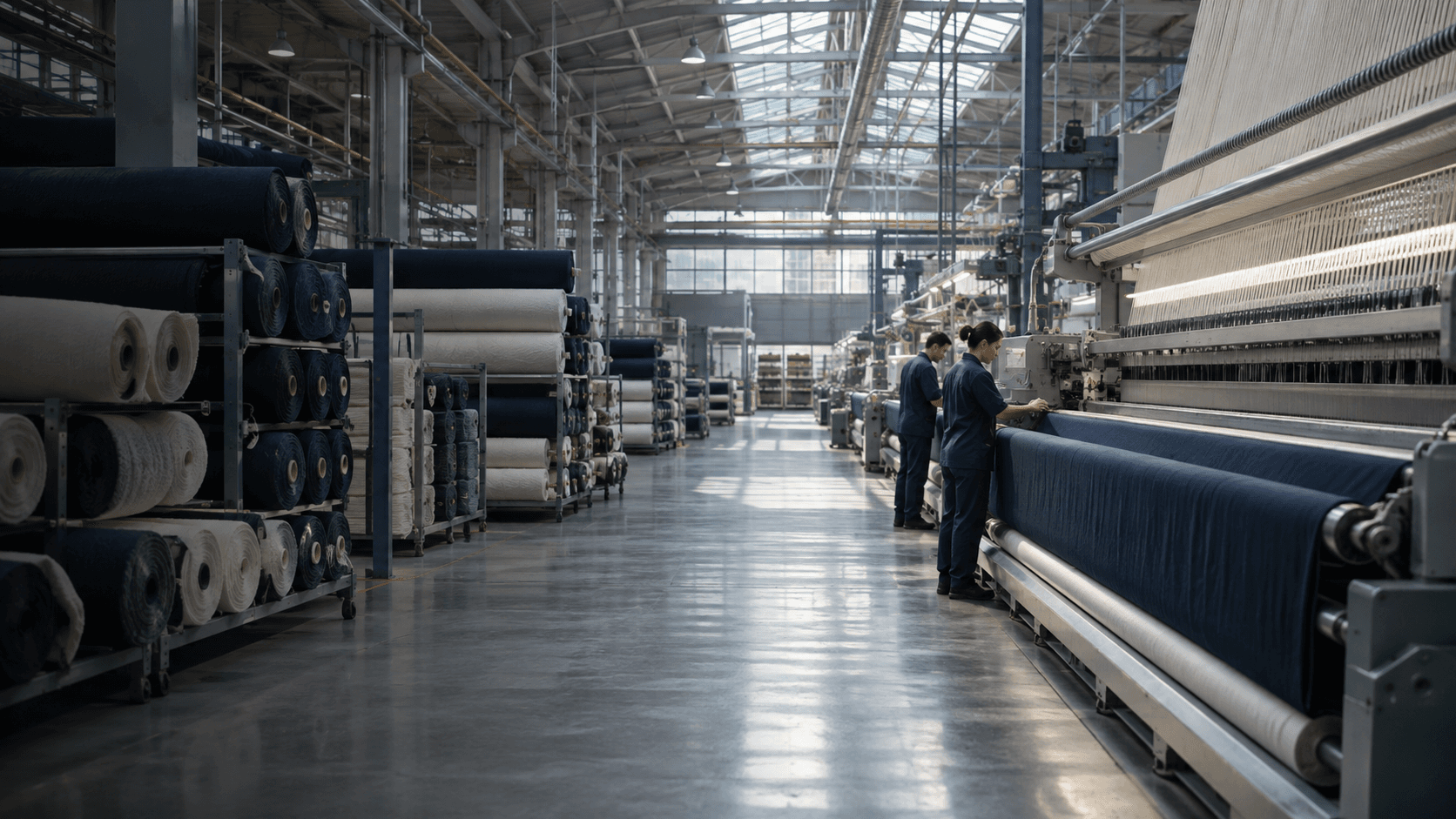 Textile mill with loom aisles and technicians inspecting fabric