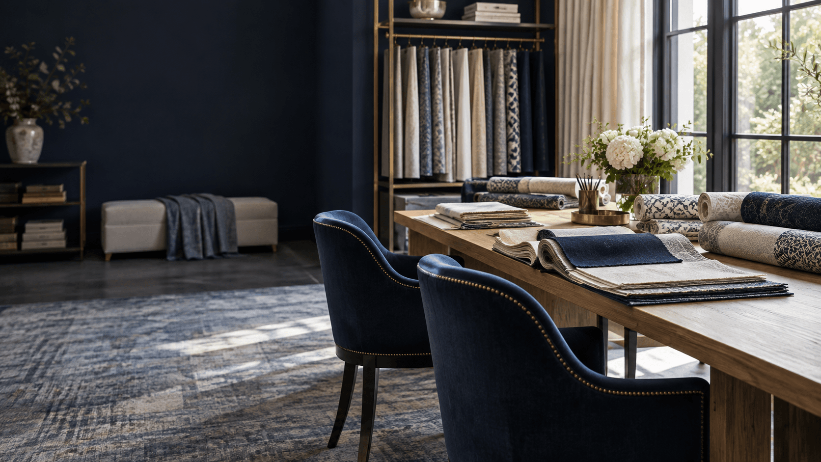 Welcoming textile showroom with sample books and consultation table