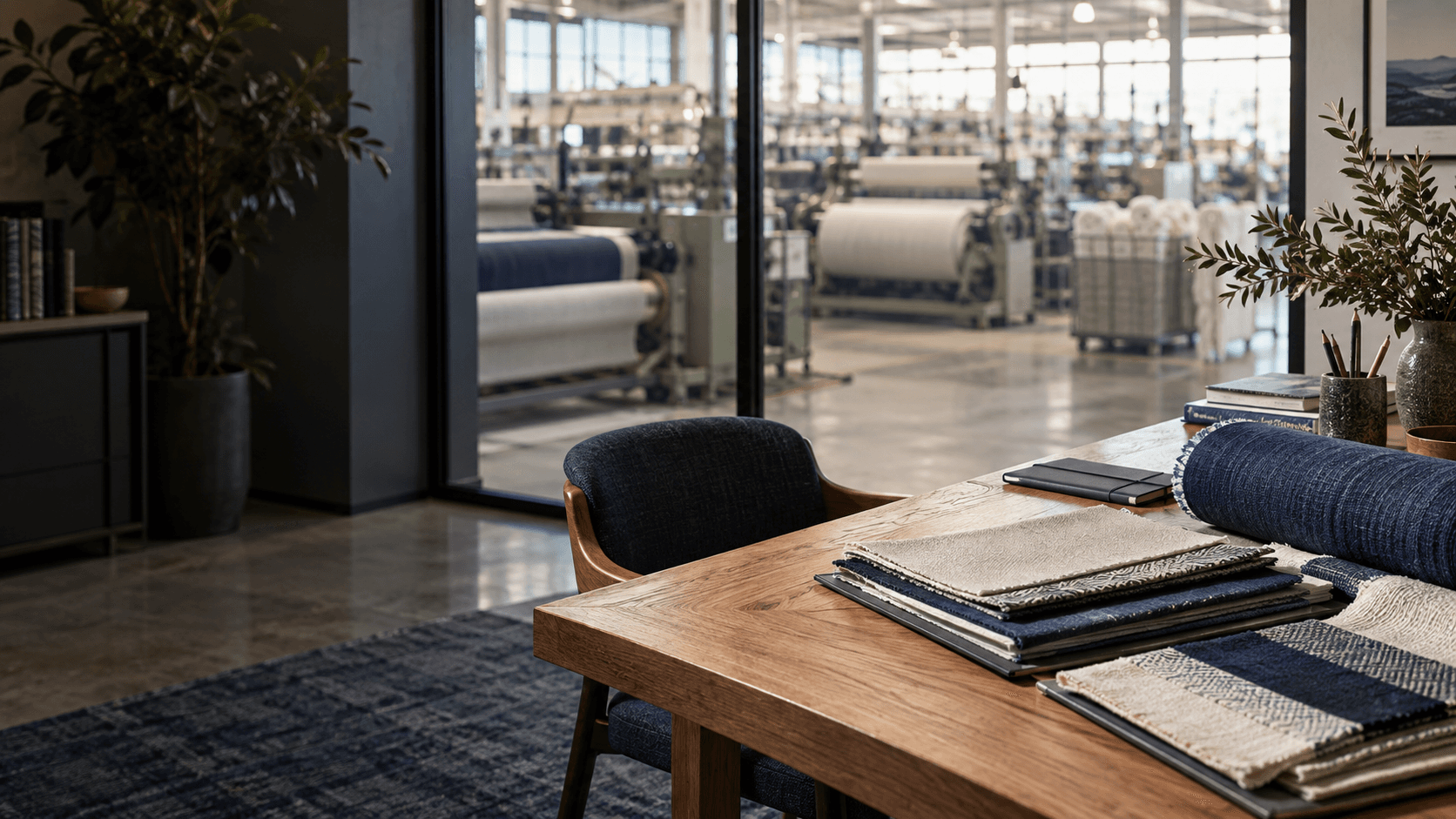 Textile office with fabric swatches overlooking a factory