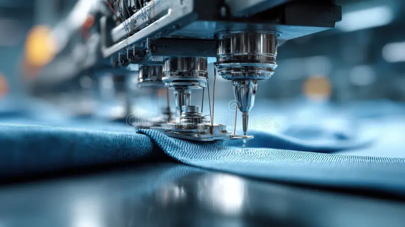 Industrial embroidery machine stitching blue fabric