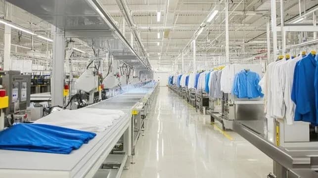 Finished garments on a bright production floor