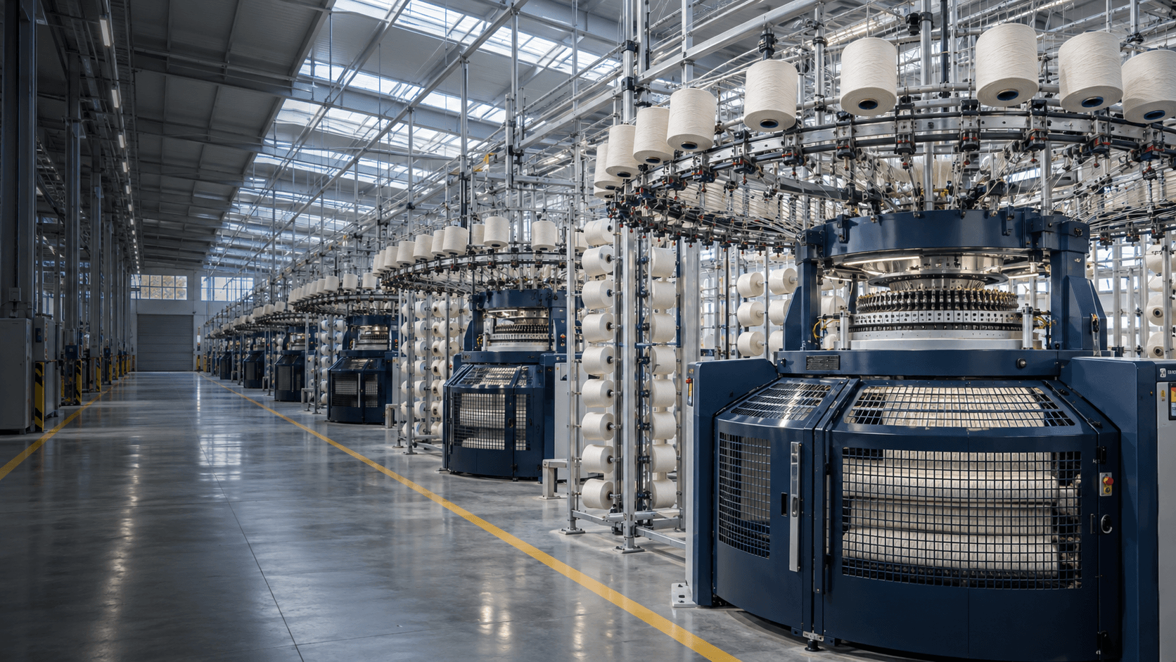 Rows of circular knitting machines in a textile factory