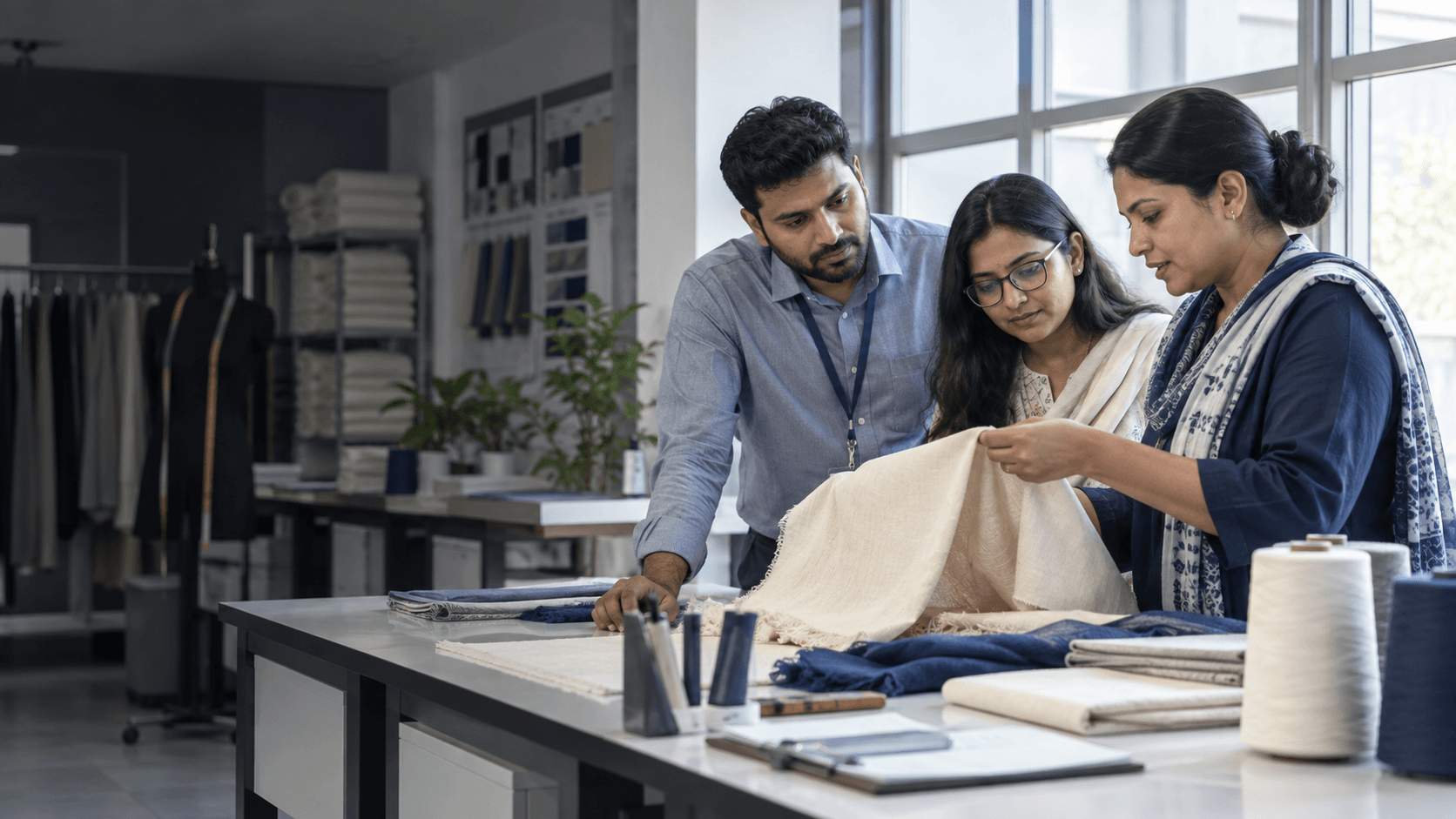 Textile professionals examining cotton samples together