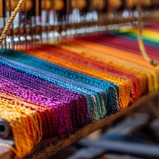 Coloured warp yarns running through a loom